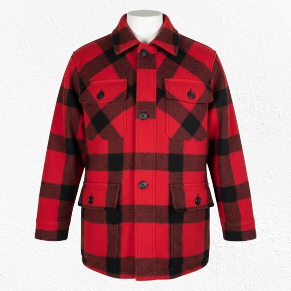 70s Vintage Red Buffalo Plaid Goose Down USA Made Hunting Wool Coat Size Medium - Picture 1 of 16